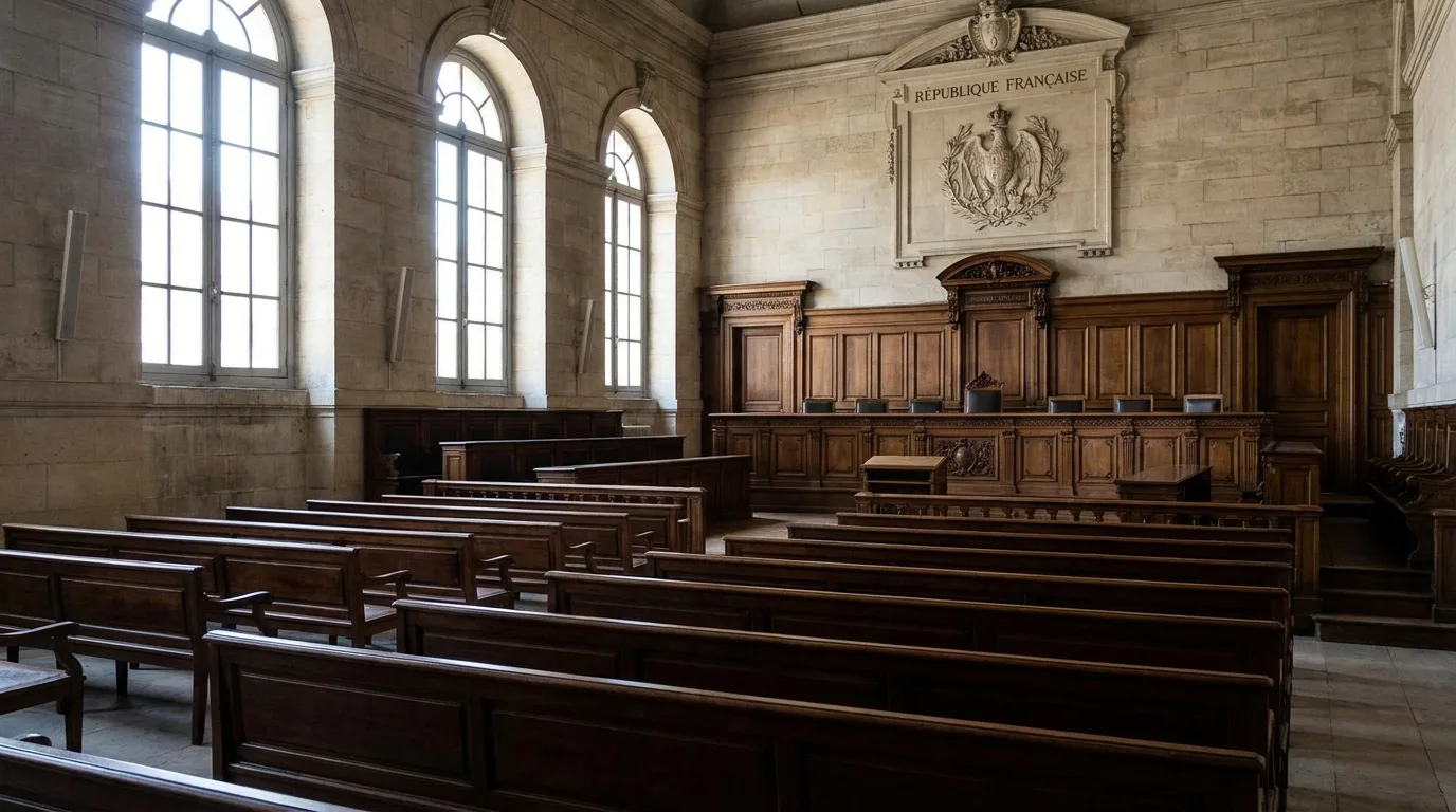 Salle d'audience vide d'un tribunal français avec bancs en bois et estrade du juge.
